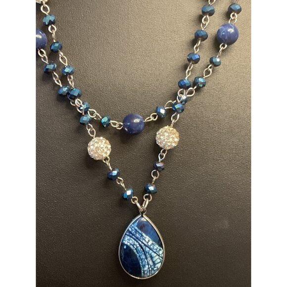 Blue Beaded Necklace With Teardrop Pendant & Adjustable Silver Tone Chain - Picture 3 of 4